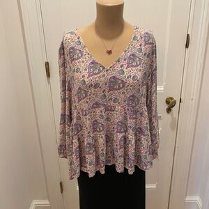 Lucky Brand Lavender Paisley V-Neck Peplum Blouse